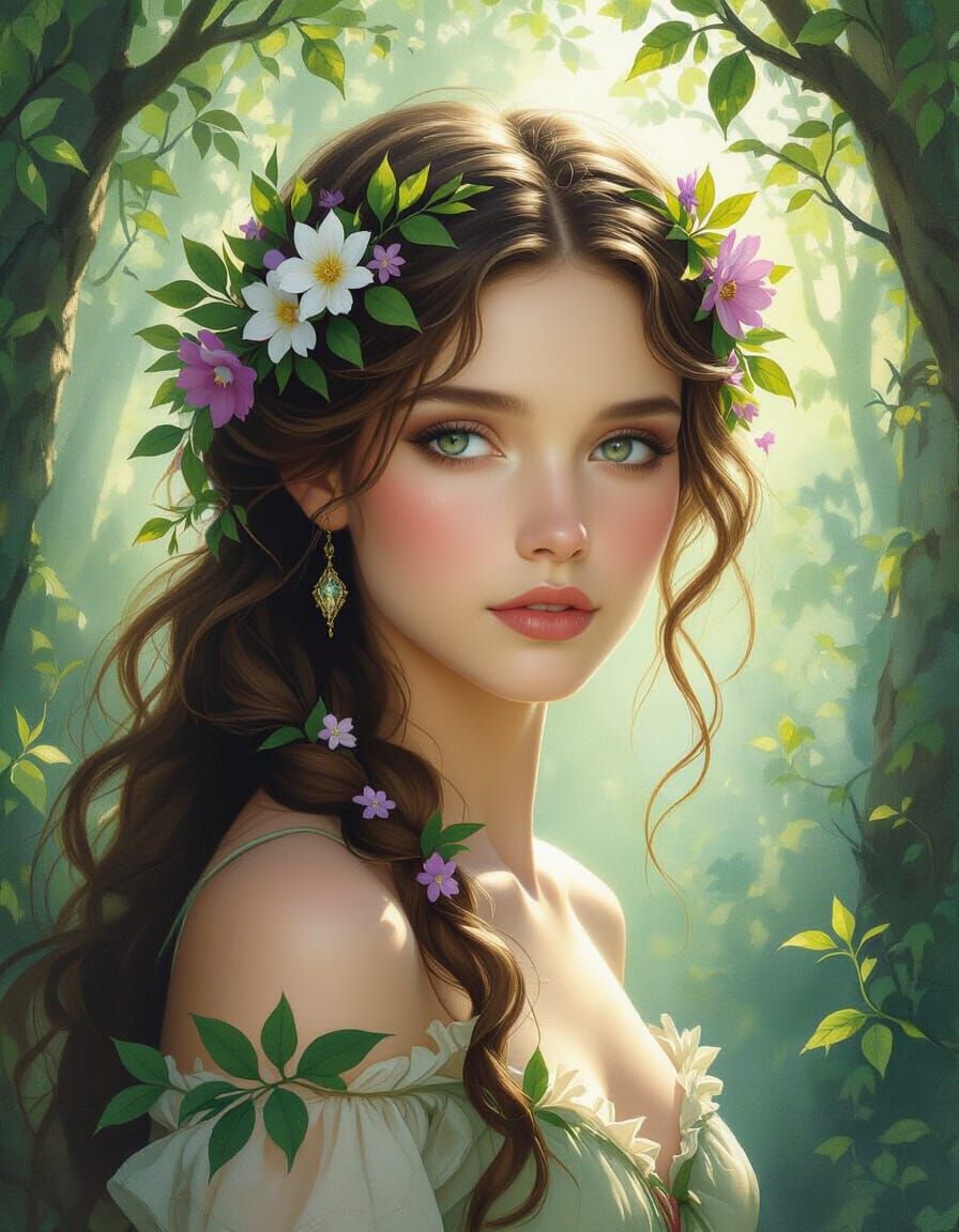 Ethereal Forest Nymph Portrait in Pre-Raphaelite Style