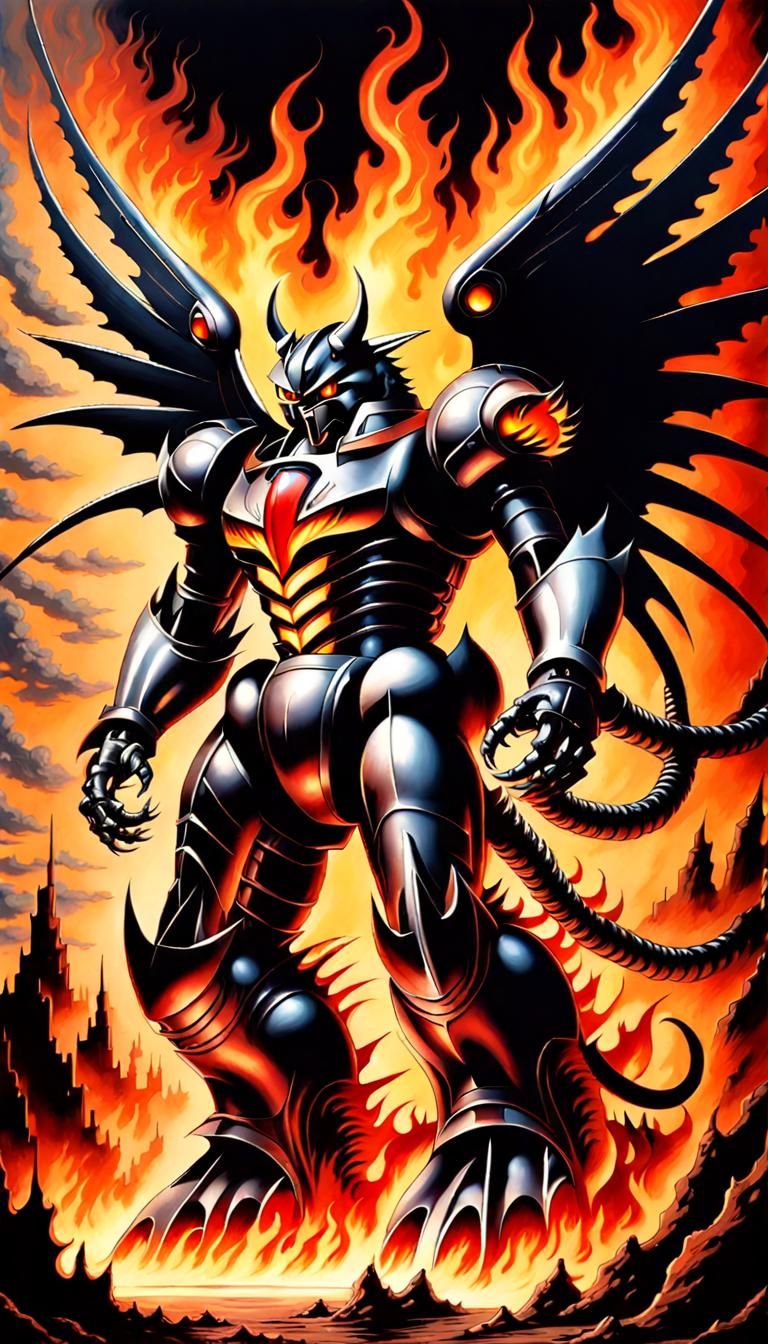 Mechanical Feline Kaiju Mazinkaiser in Flames