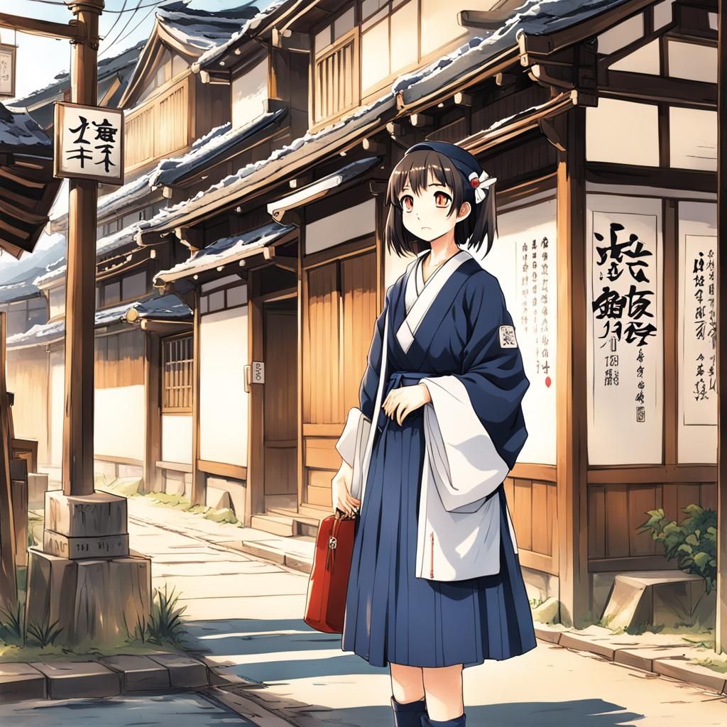 Anime Girl Waiting for Train in Japanese Village