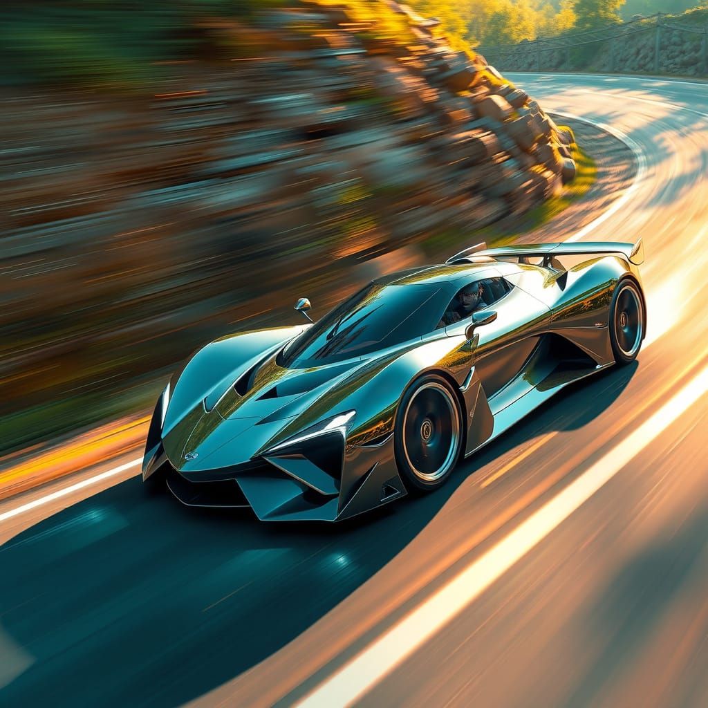 Futuristic Sport Car Speeding Down a Winding Road