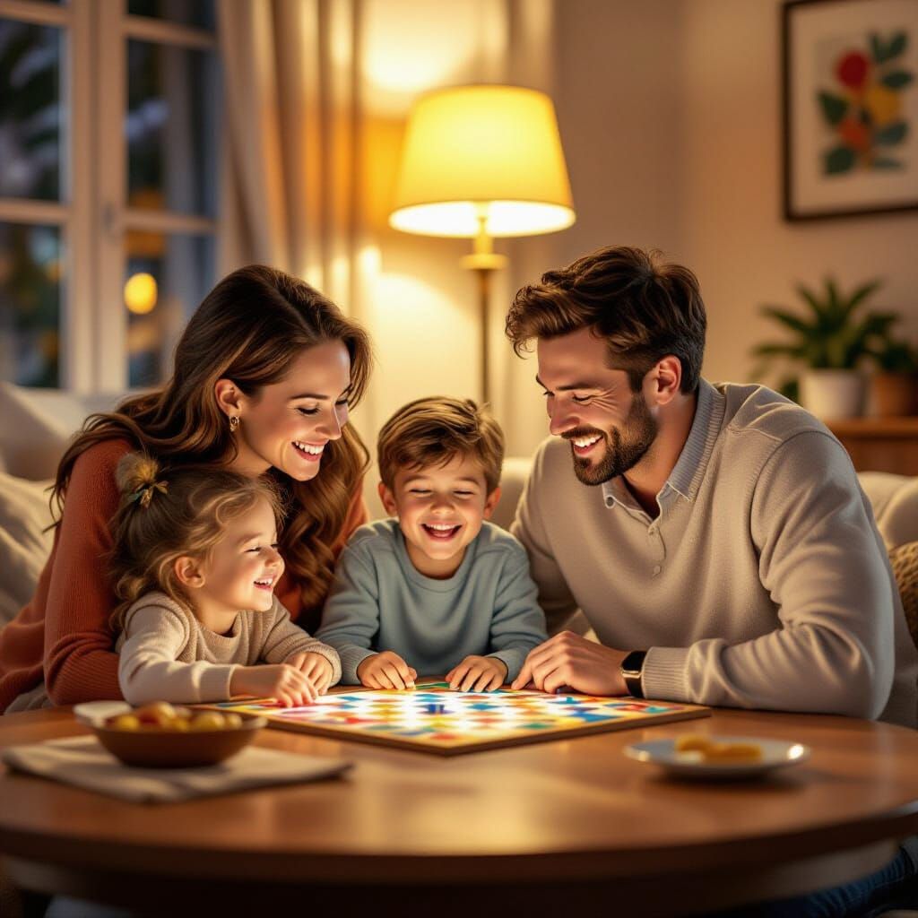 Joyful Family Game Night in Cozy Living Room