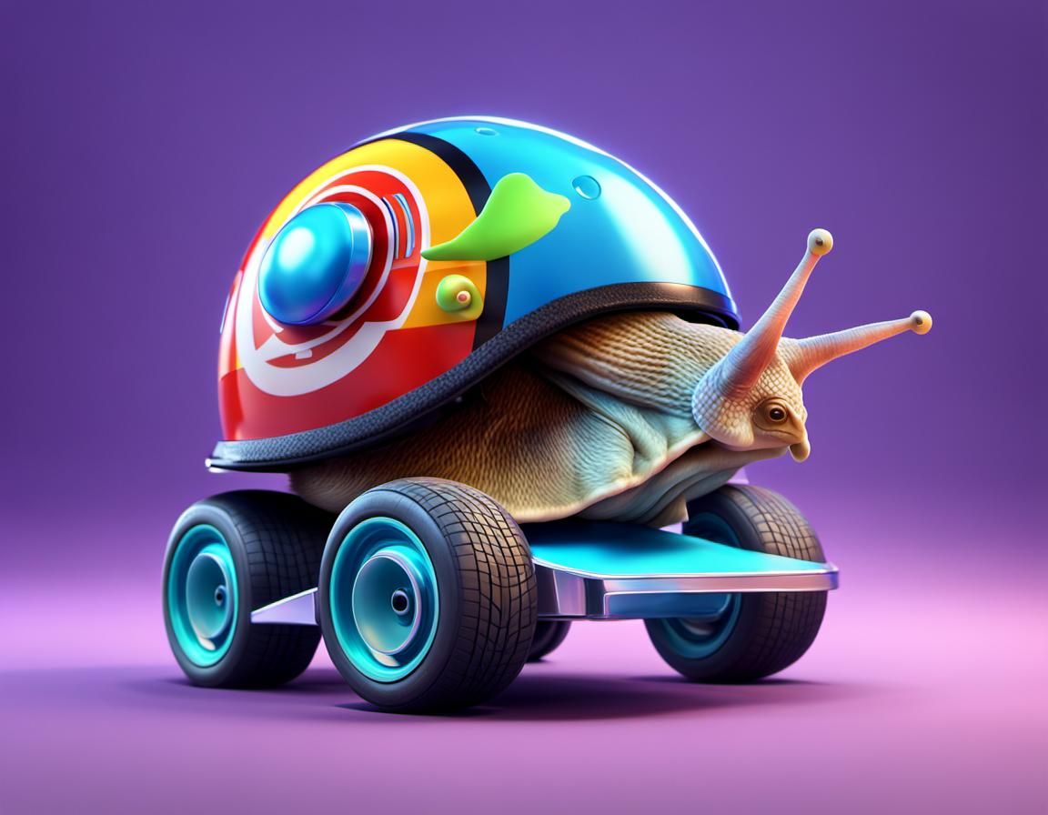 A snail wearing a race car helmet. 
With wheels attached to ...