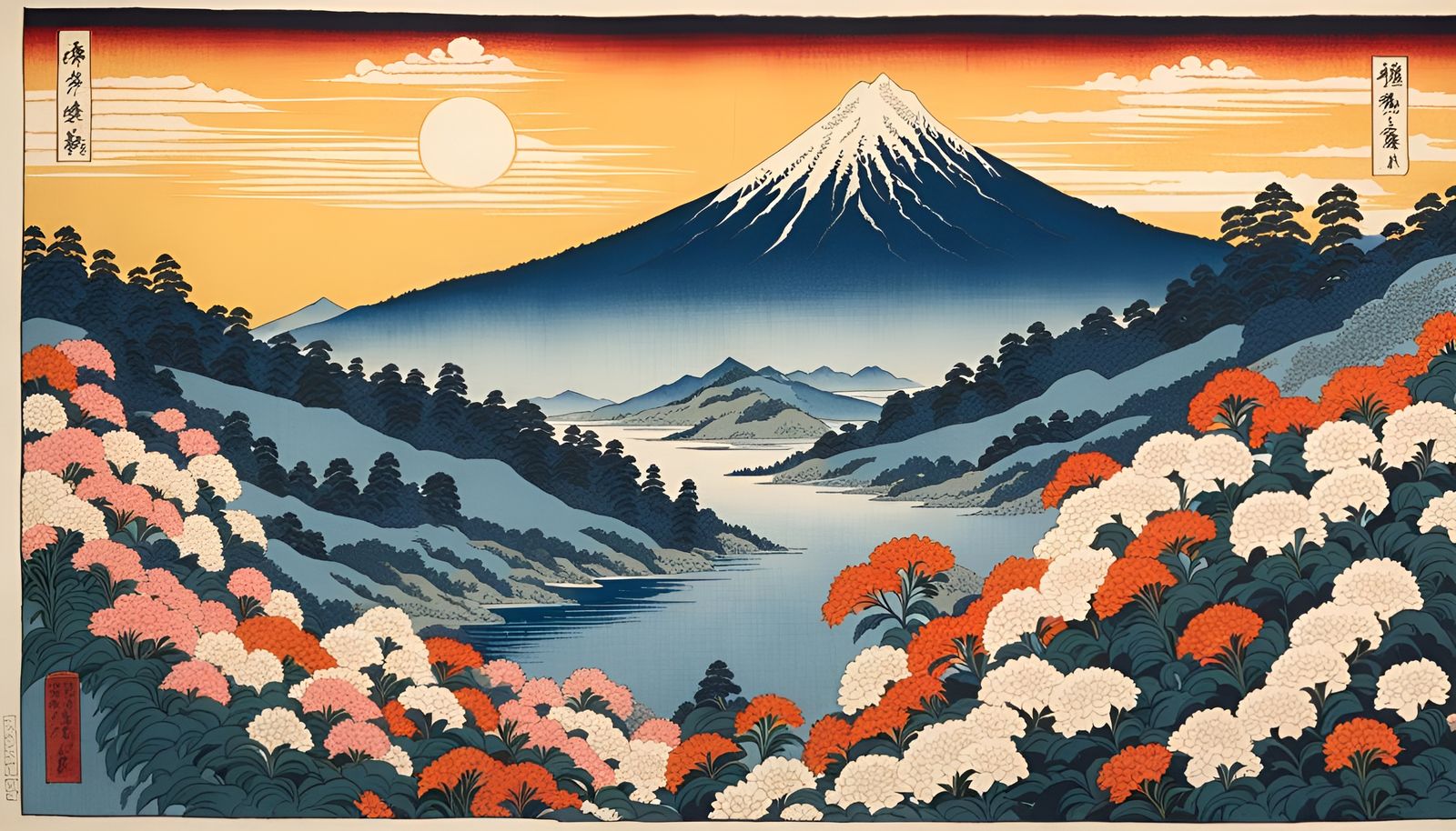 Sunny Alpine Landscape as Woodblock Print