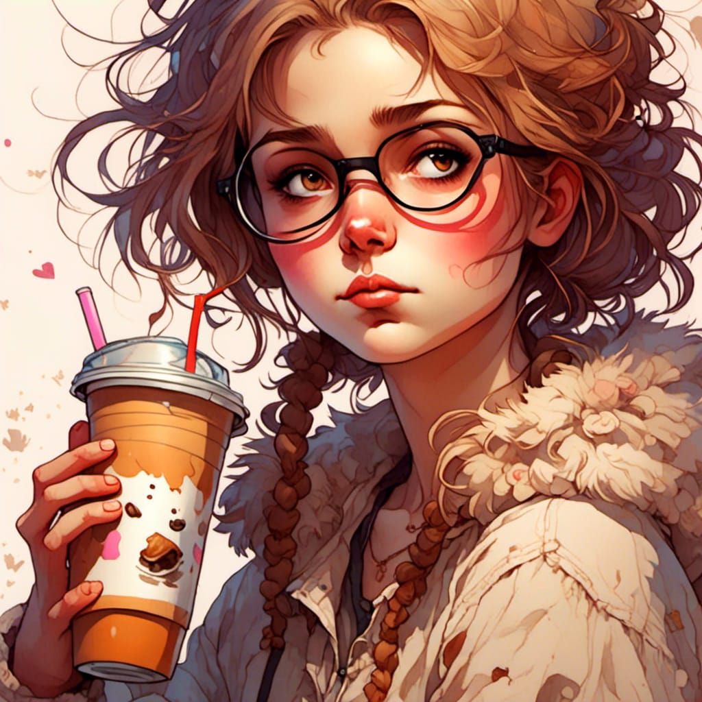 Cute Girl Enjoying Breakfast in Aquarelle Style