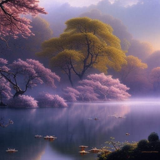 Cherry Blossoms in Mist: Naive Art Watercolor