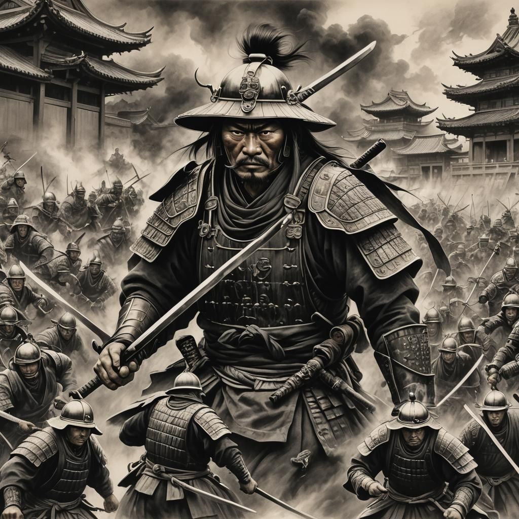Samurai Battles Invader: Hyperdetailed Charcoal Drawing