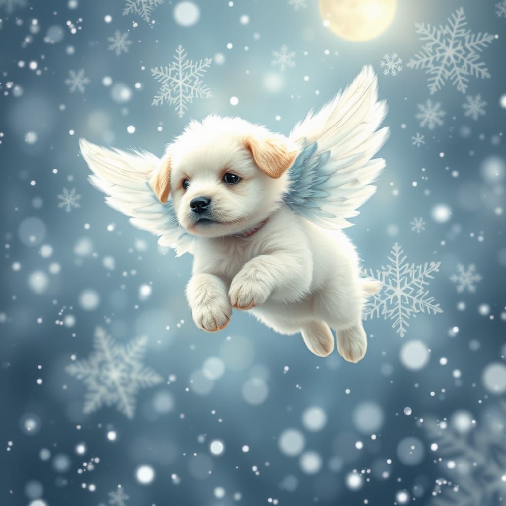 Angel Puppy Soars Through a Flurry of Snowflakes in a Dreaml...