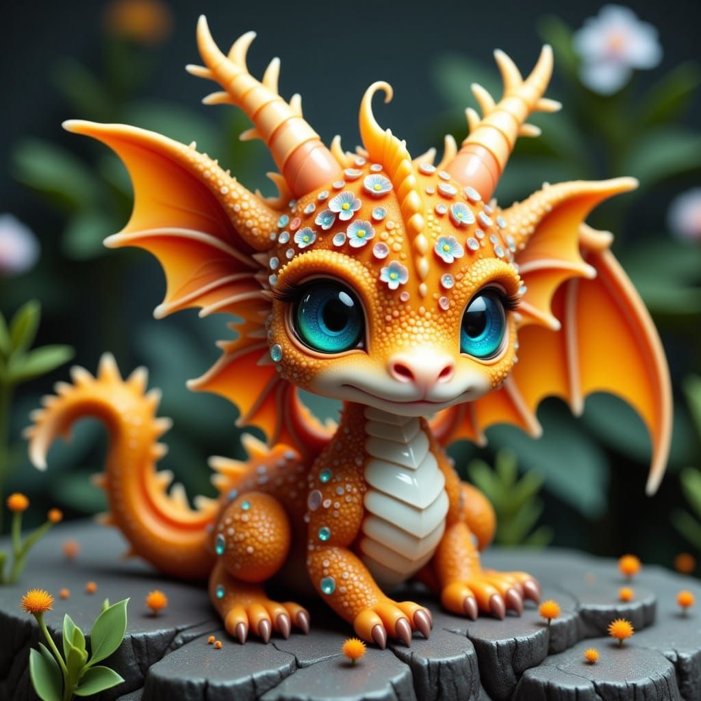 Surreal Tea-Dragon with Fern-Like Scales and Yellow Horns