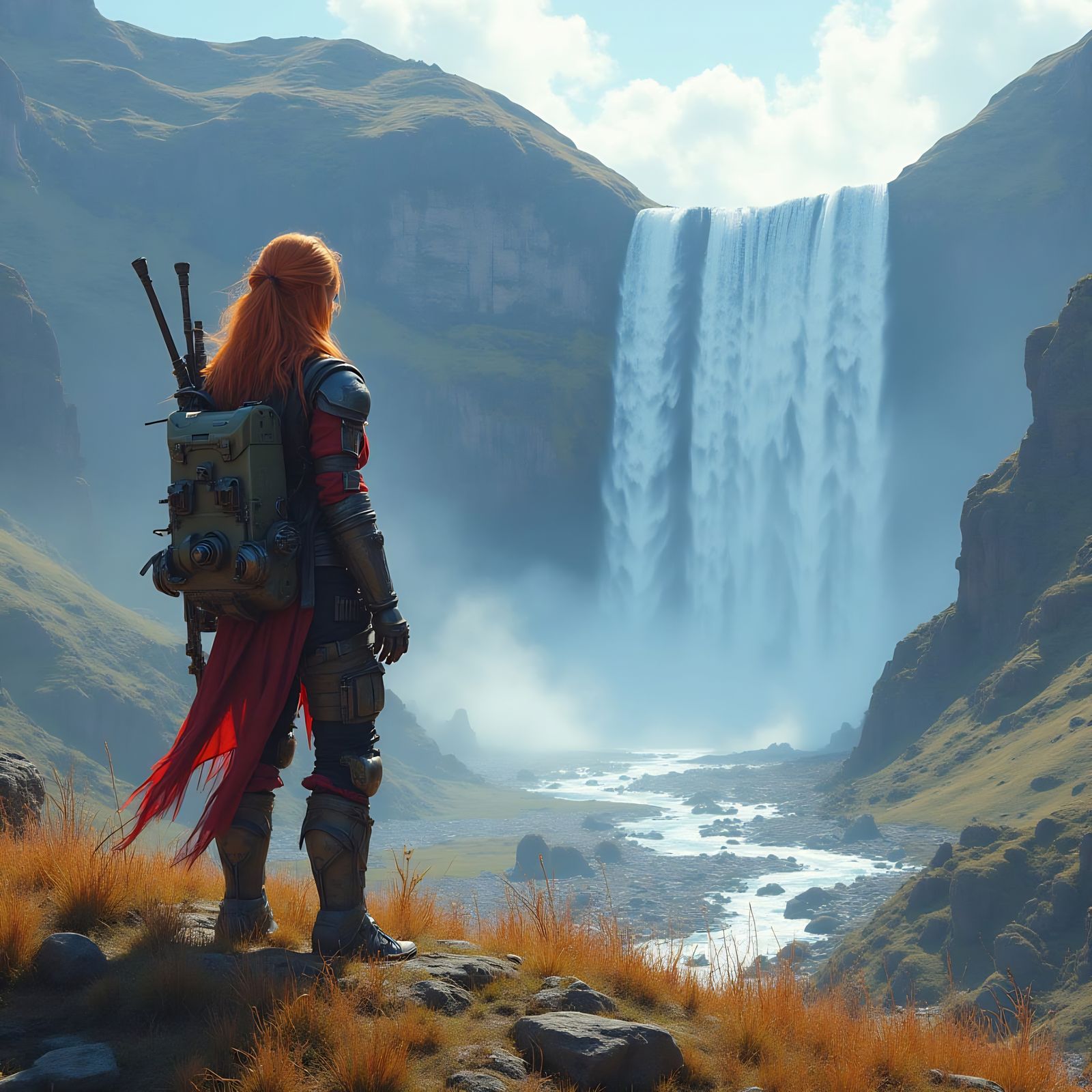 Silhouette Overlooking Waterfall Landscape