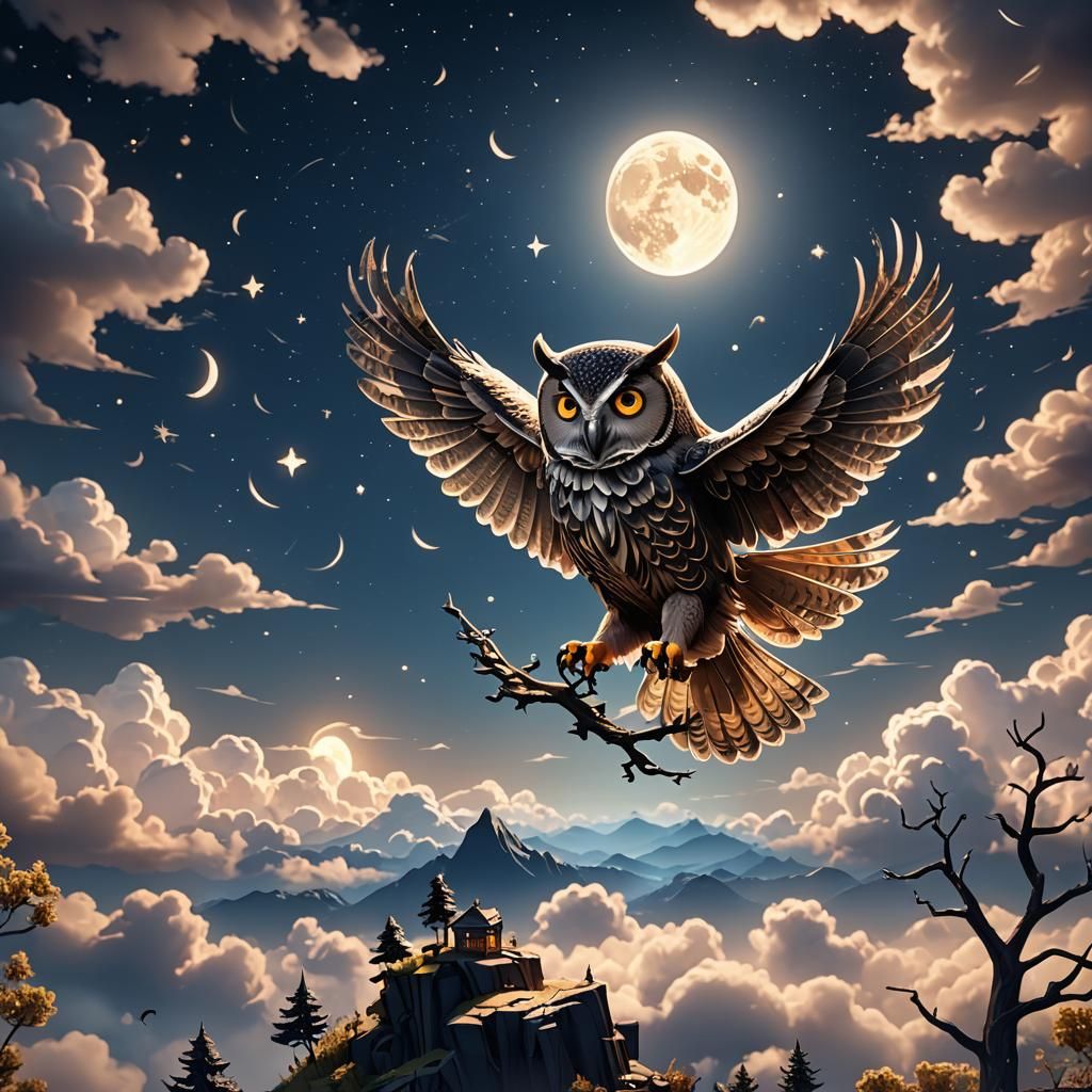 Papercut Owl Soaring in Starry Night Sky