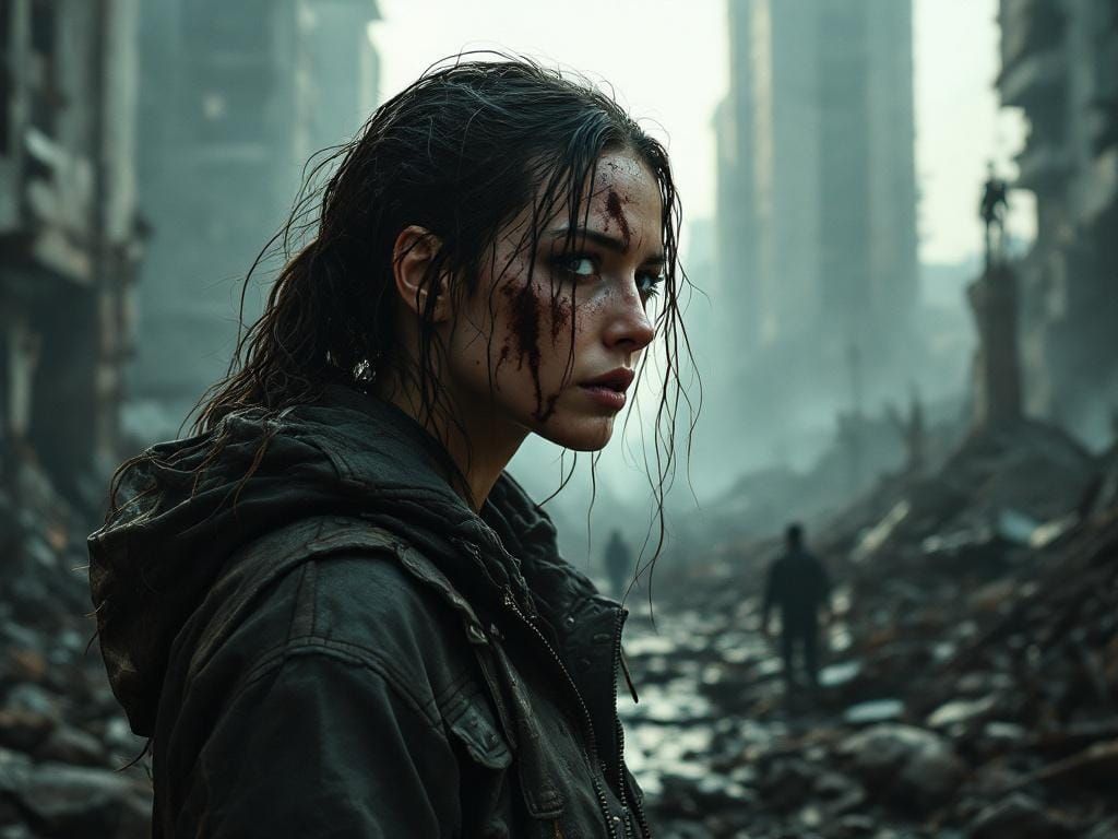 Dystopian Survivor in Ruined Cityscape
