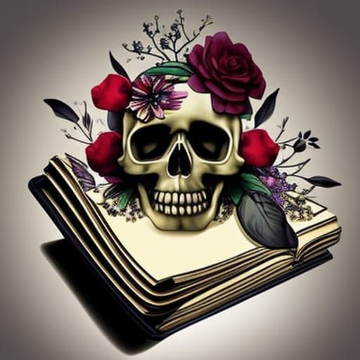 Gothic Book with Skull and Florals in Watercolor
