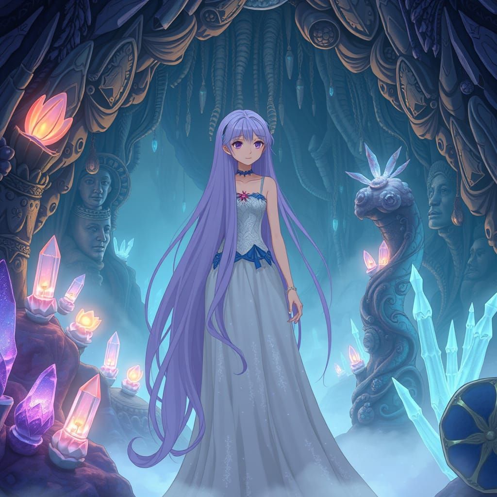 Anime Girl in Bioluminescent Grotto, Ghibli-Inspired