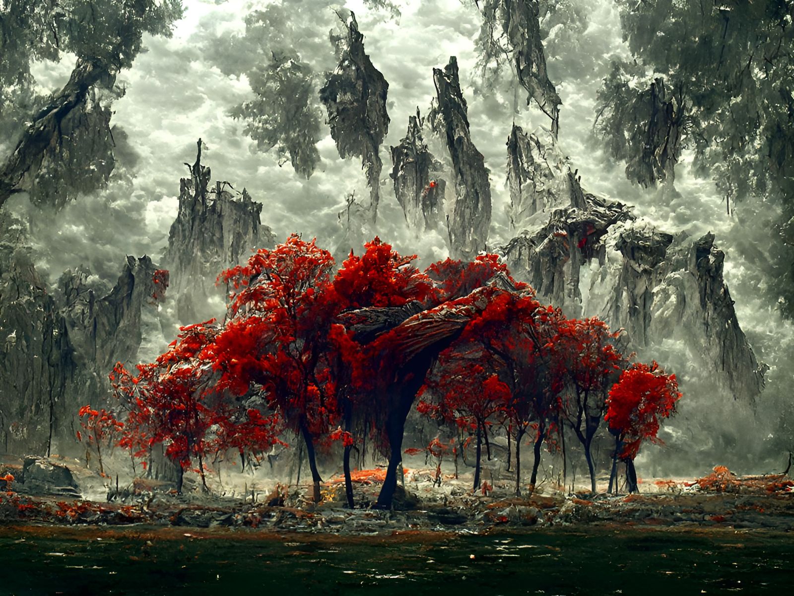 Blood-Red Oak Tree in Dark Surrealist Style