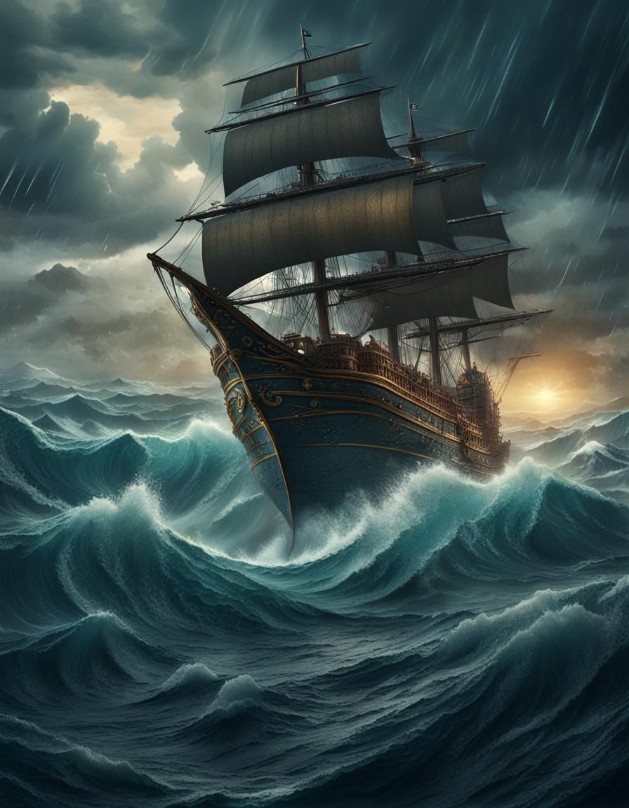 Ship in Stormy Ocean: Detailed Matte Painting