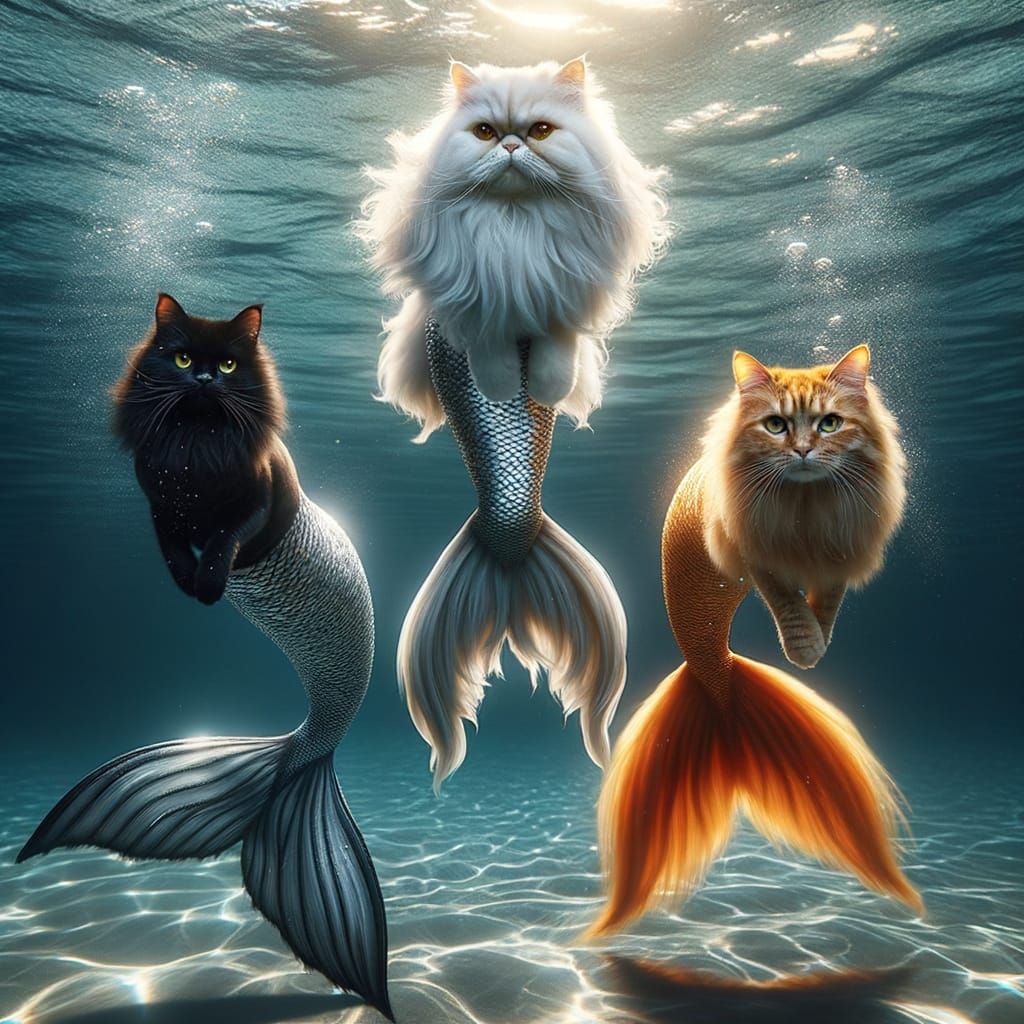 Three Mermaid-Cats Swim Underwater in Realistic Art