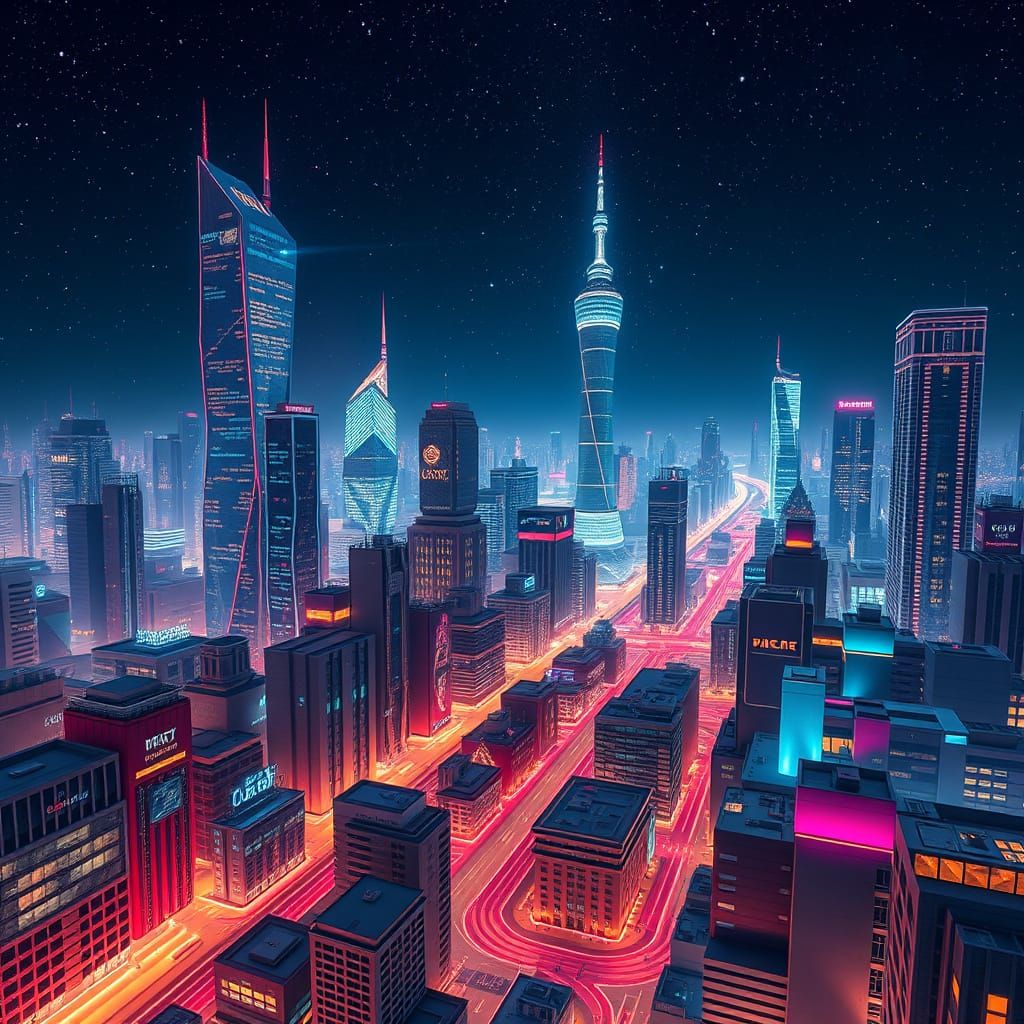Glowing Futuristic Metropolis Constructed from Luminous Cube...