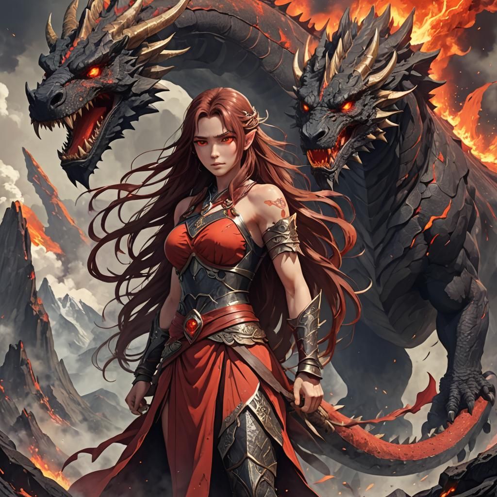 Fiery Goddess Arises from Volcano in Anime Style