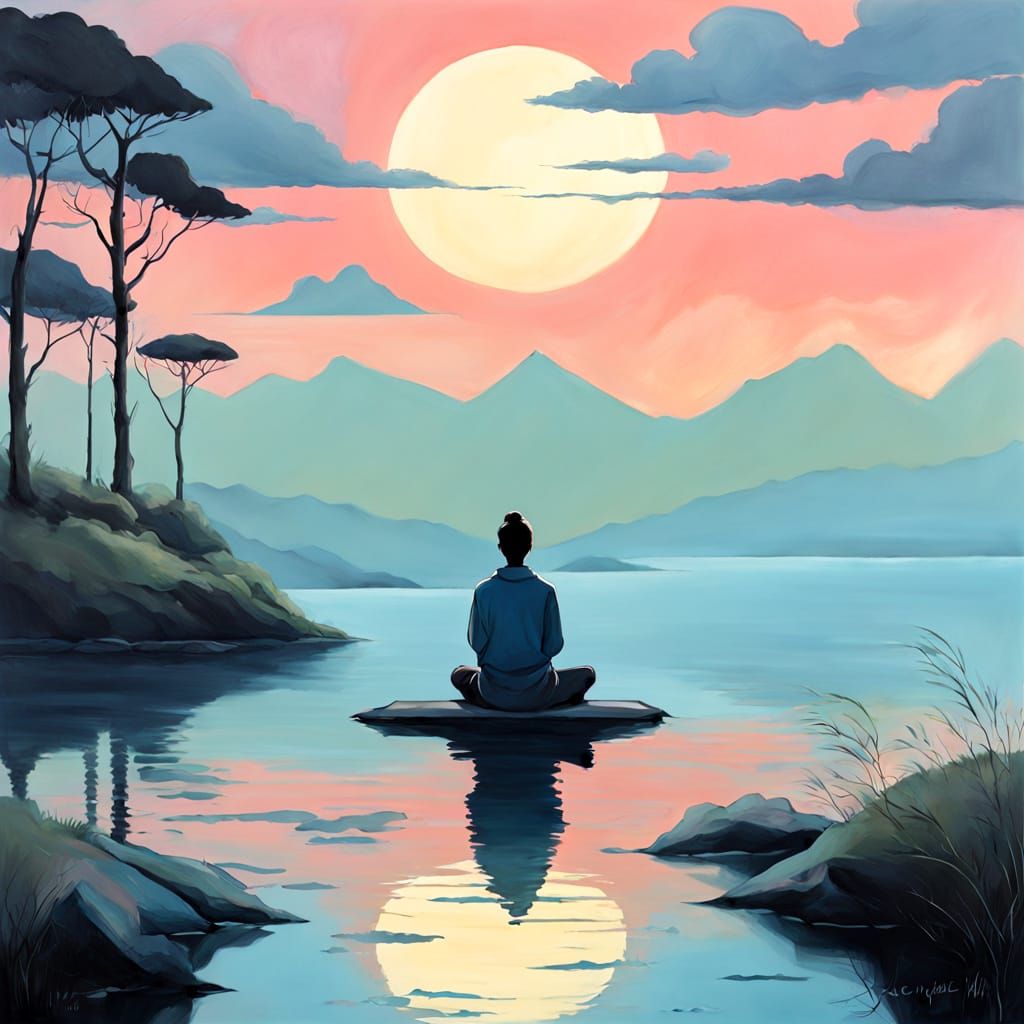 Serene Figure Meditating on Floating Island at Sunset