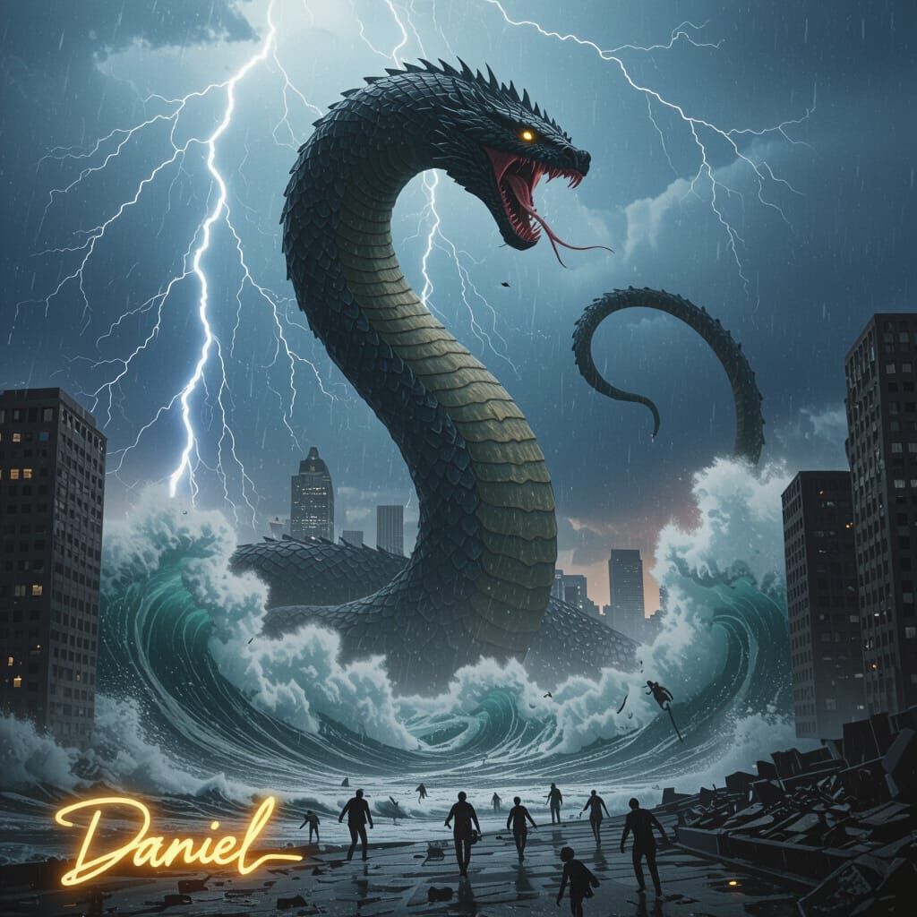 Apocalyptic World Serpent Rises Over Drowning City