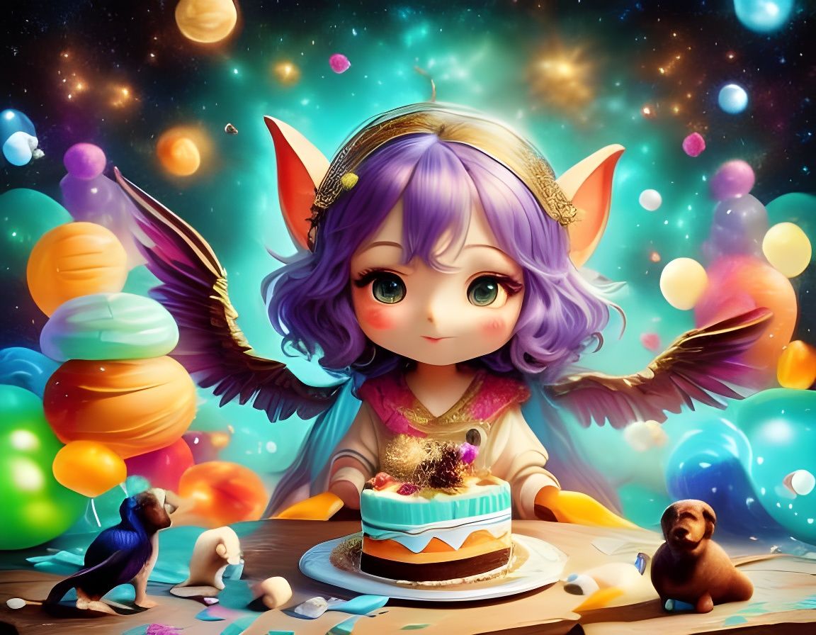 Elven Bride Puppy Party in Cosmic Starry Scene