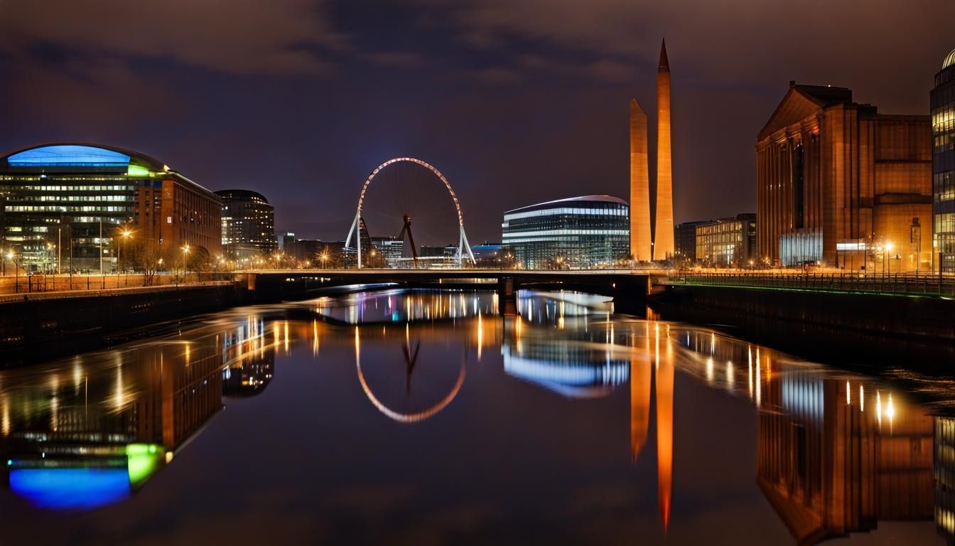 Night View of Glasgow City Center Over River Clyde