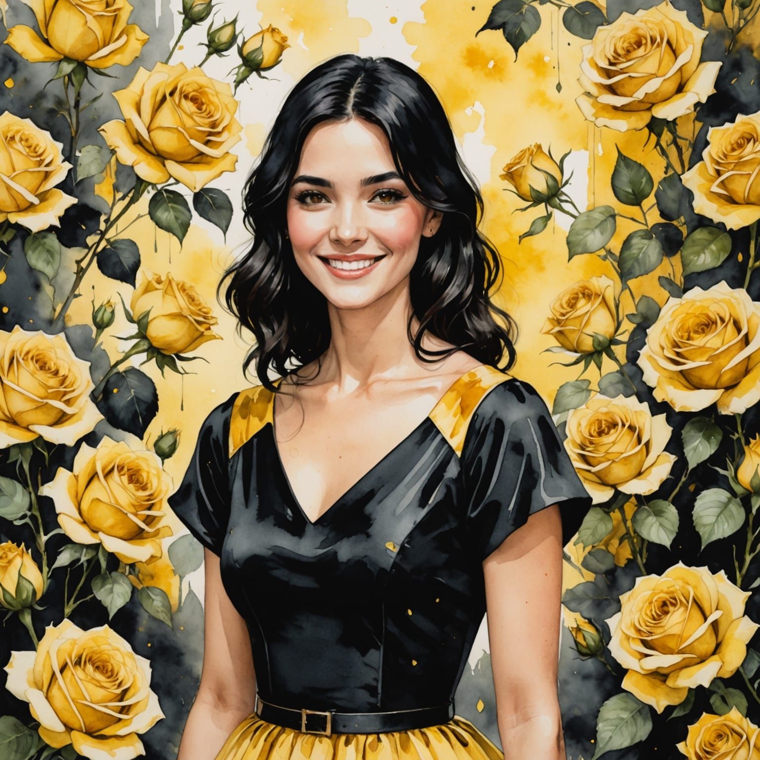 Woman in Yellow Black Dress Among Roses Watercolor Style