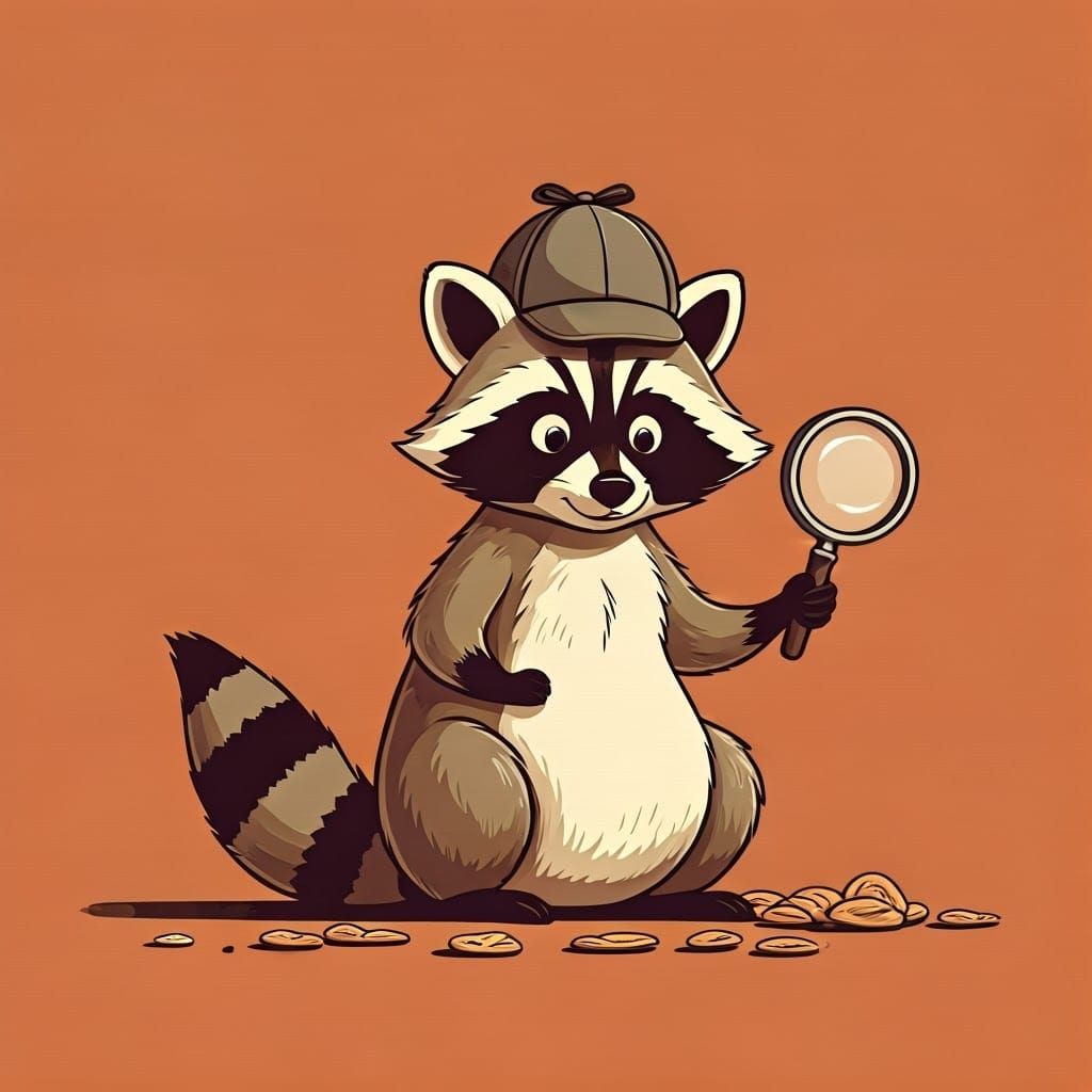 Raccoon Sleuth Investigates Snack Scene in Nostalgic Style