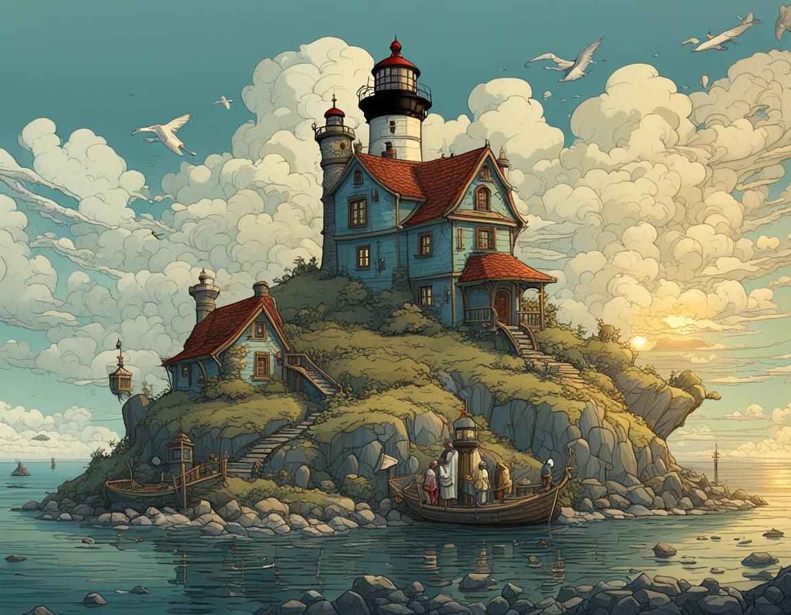 Island Lighthouse with Cottages: Detailed Fantasy Art