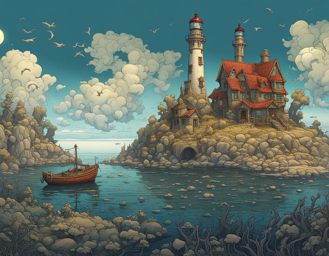 Fantastical Lighthouse Scene in Intricate, Meticulous Detail