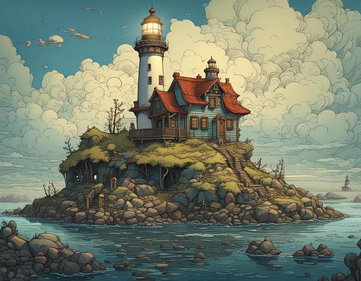 Intricate Lighthouse Island with Cottages in Fantasy Style