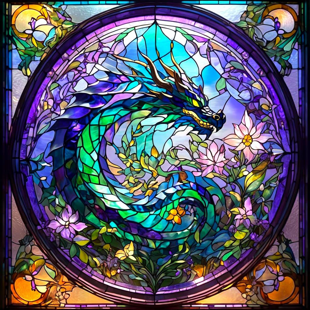Vibrant Stained Glass Window with Majestic Purple Dragon