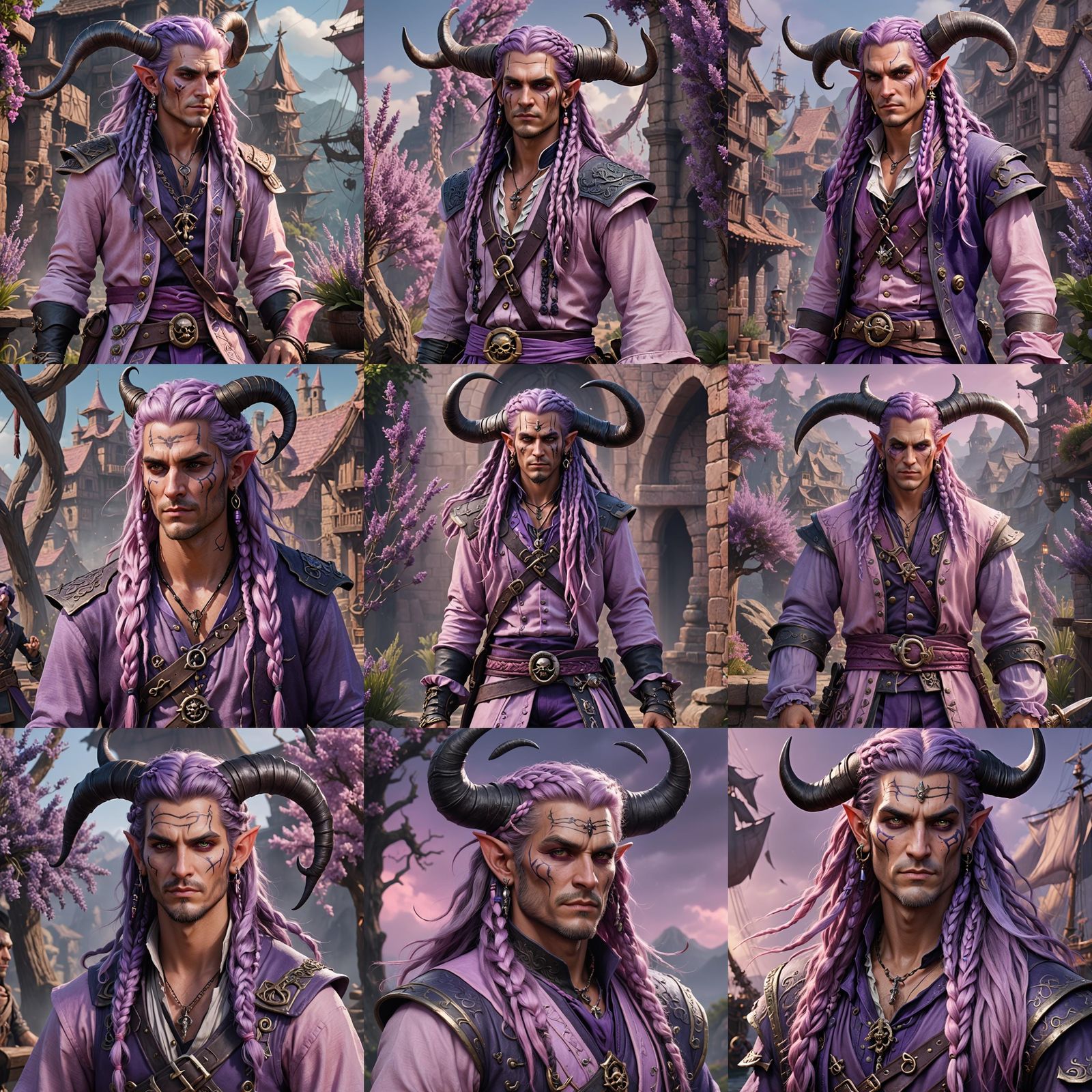 Tiefling Pirate with Lavender Hair, Fantasy Concept Art