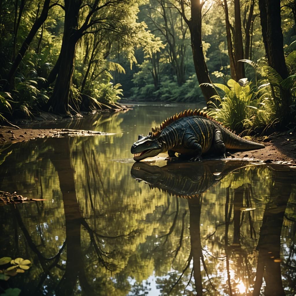 Hybrid Reptile Drinks at River in Golden Light