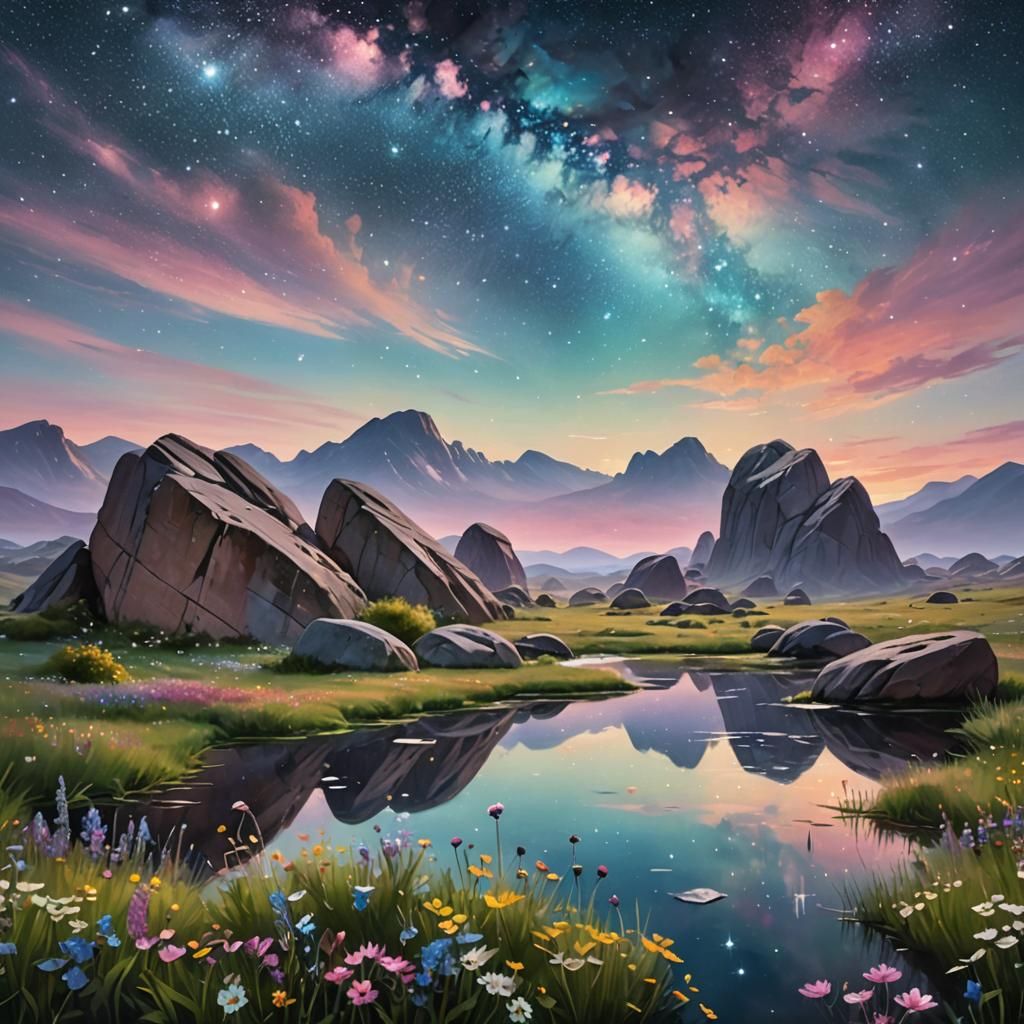 Ethereal Starry Sky over Wildflower Meadow