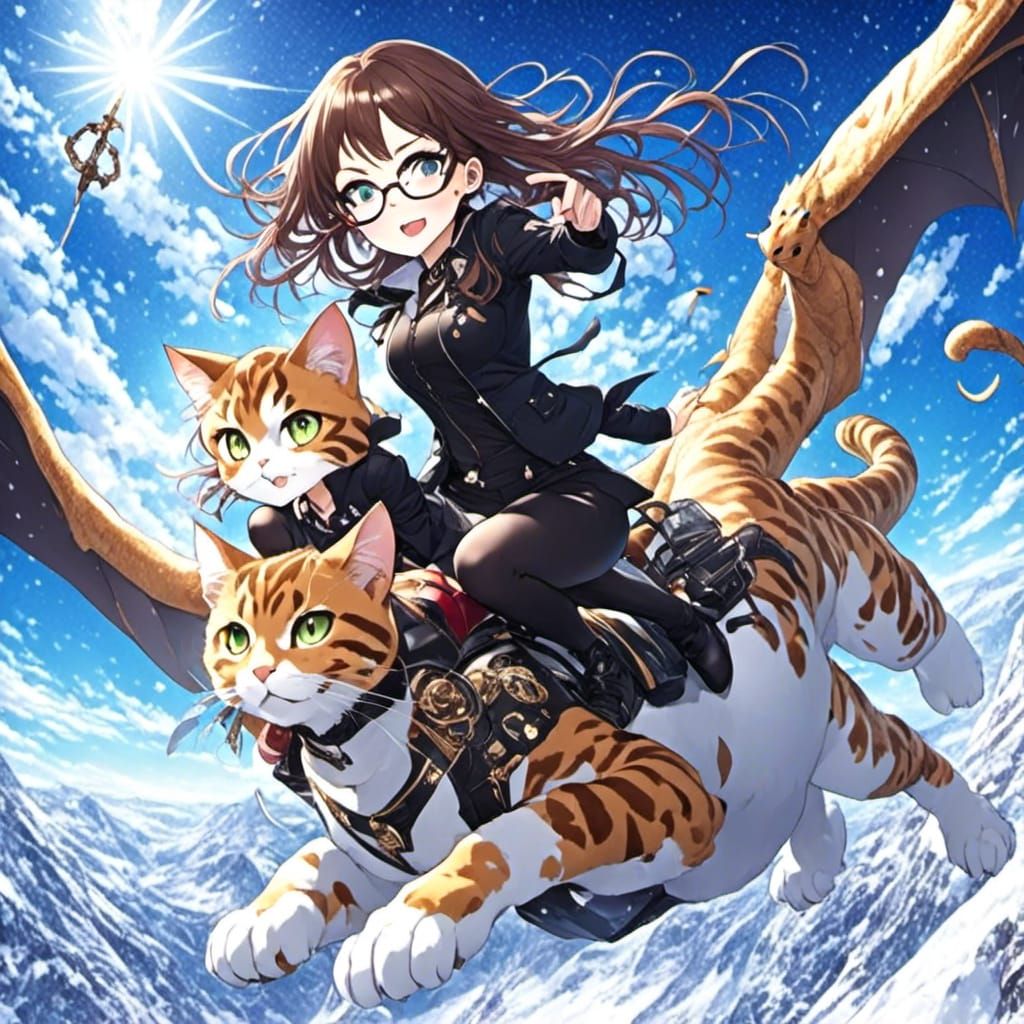 Girl Riding Dragon with Cat, Anime Style