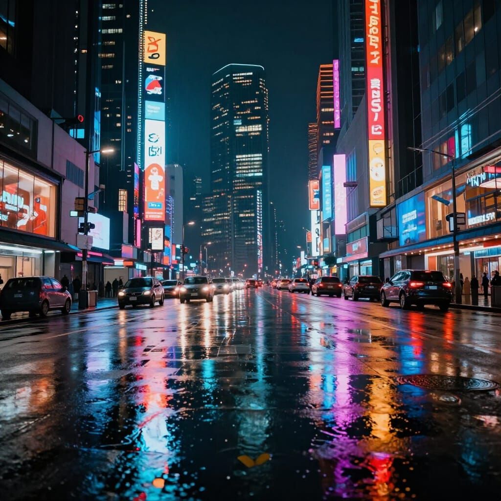 Alien Cityscape at Night With Neon Lights and Reflections