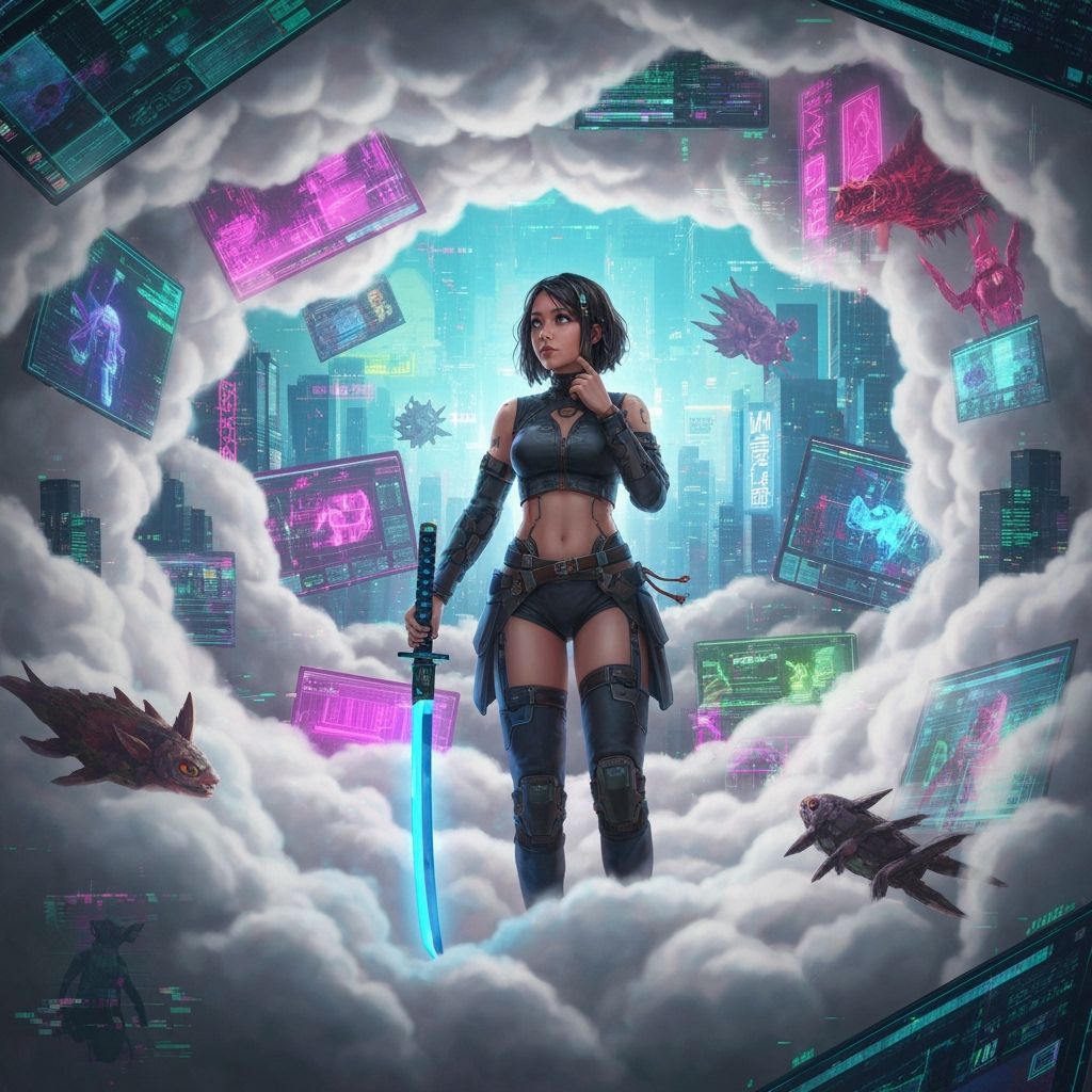 Cyberpunk Woman Contemplates Surreal Cloudscape with Blue Ka...