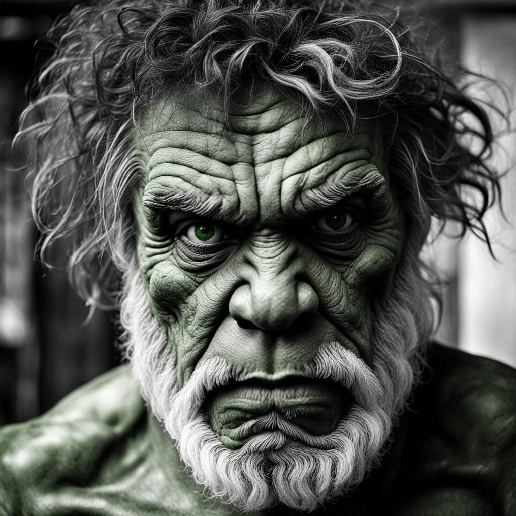 Old Wise Green Man Portrait in Dramatic B&W