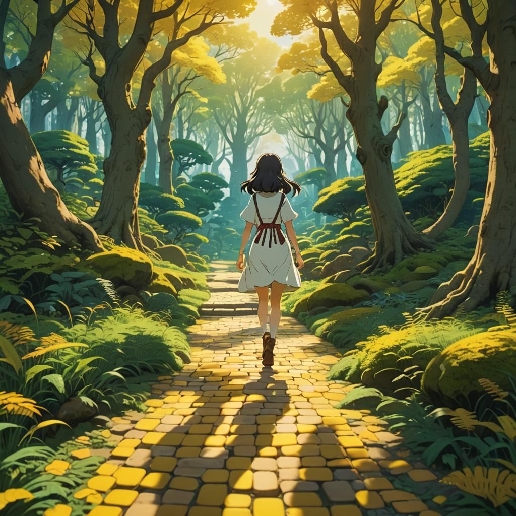 Girl on Yellow Brick Road in Ghibli Anime Style