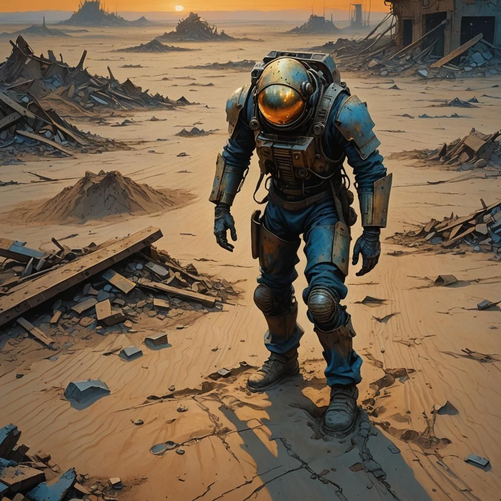 Post-Apocalyptic Metal Figure in Surreal Landscape