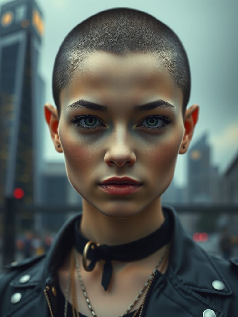 Sculptural Portrait of a Modern Skinhead Woman in Sfumato St...