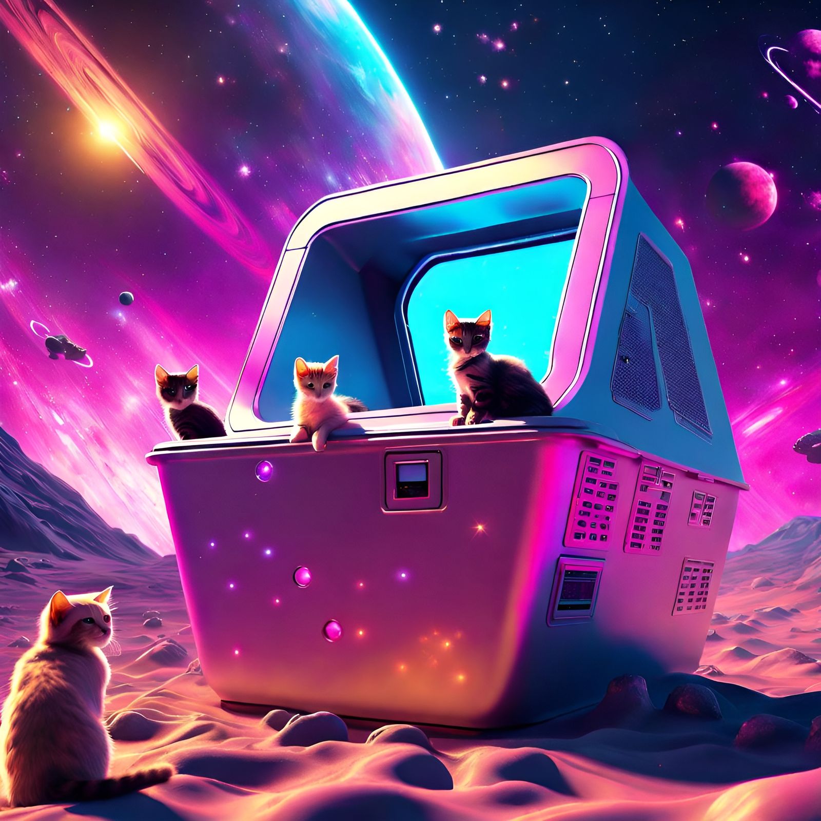 Synthwave Kittens Guarding Litter Box in Space