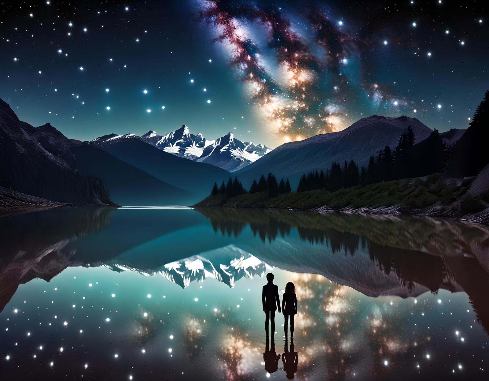 Dreamy Night Sky Reflection Over Mountain Lake