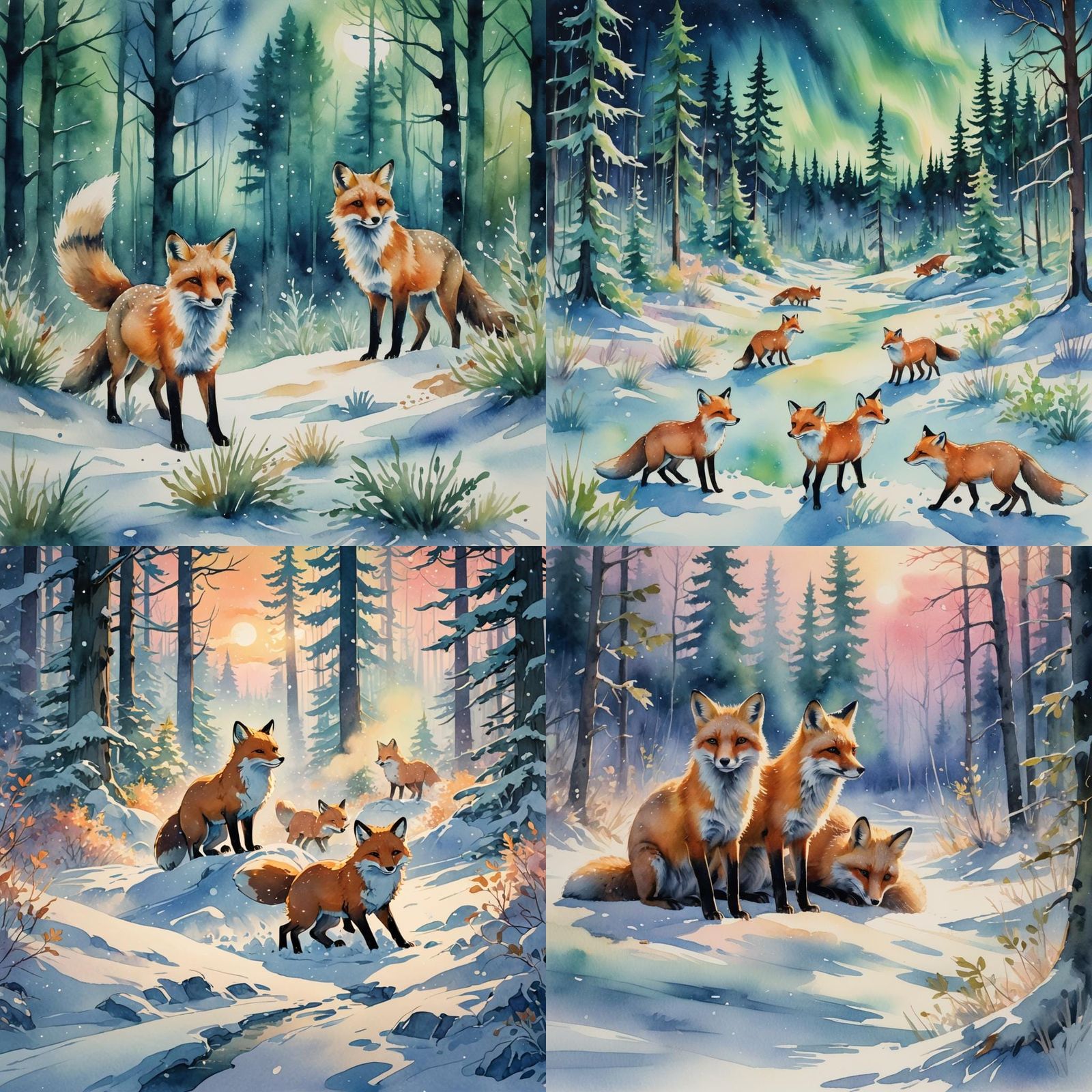 Foxes Playing in Snow: Ghibli-Inspired Watercolor