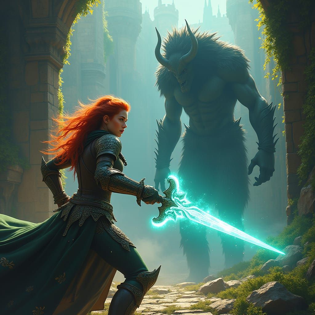 Celtic Warrior Battles Demon in Castle Ruins