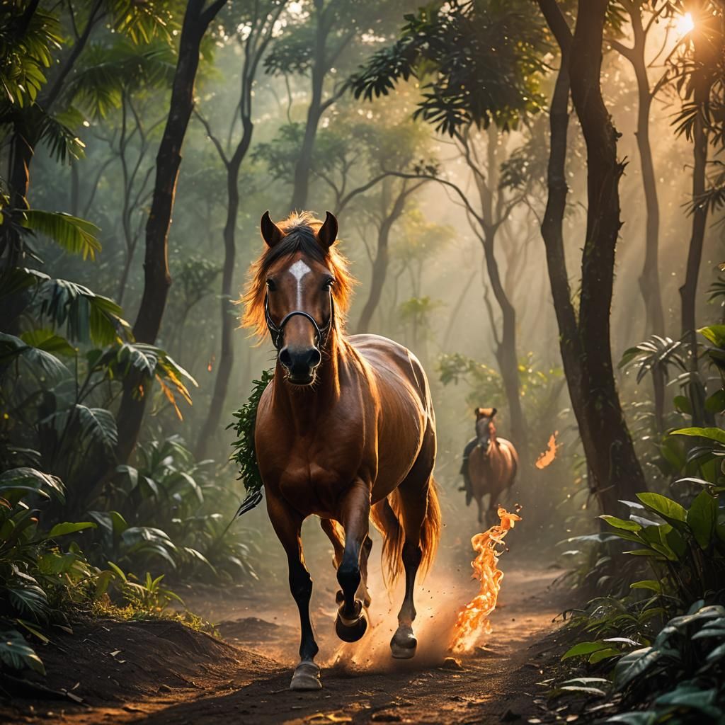 Horse Galloping Through Jungle in Golden Light