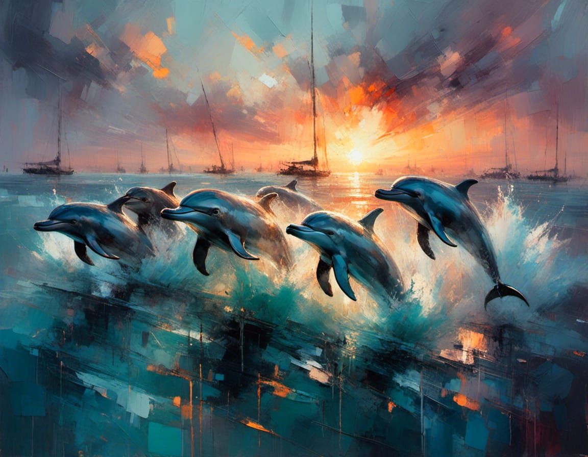 Dolphins at Sunset in Abstracted Realism Style