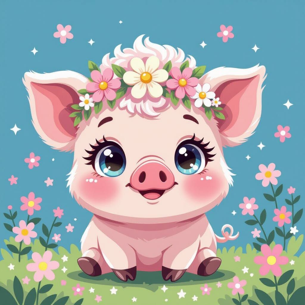 Kawaii Pig with Flower Crown in Whimsical Style
