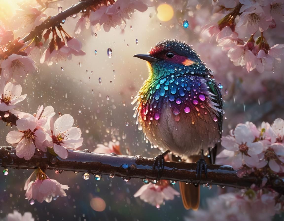Rainbow Dew Bird on Cherry Branch: Ethereal Fantasy